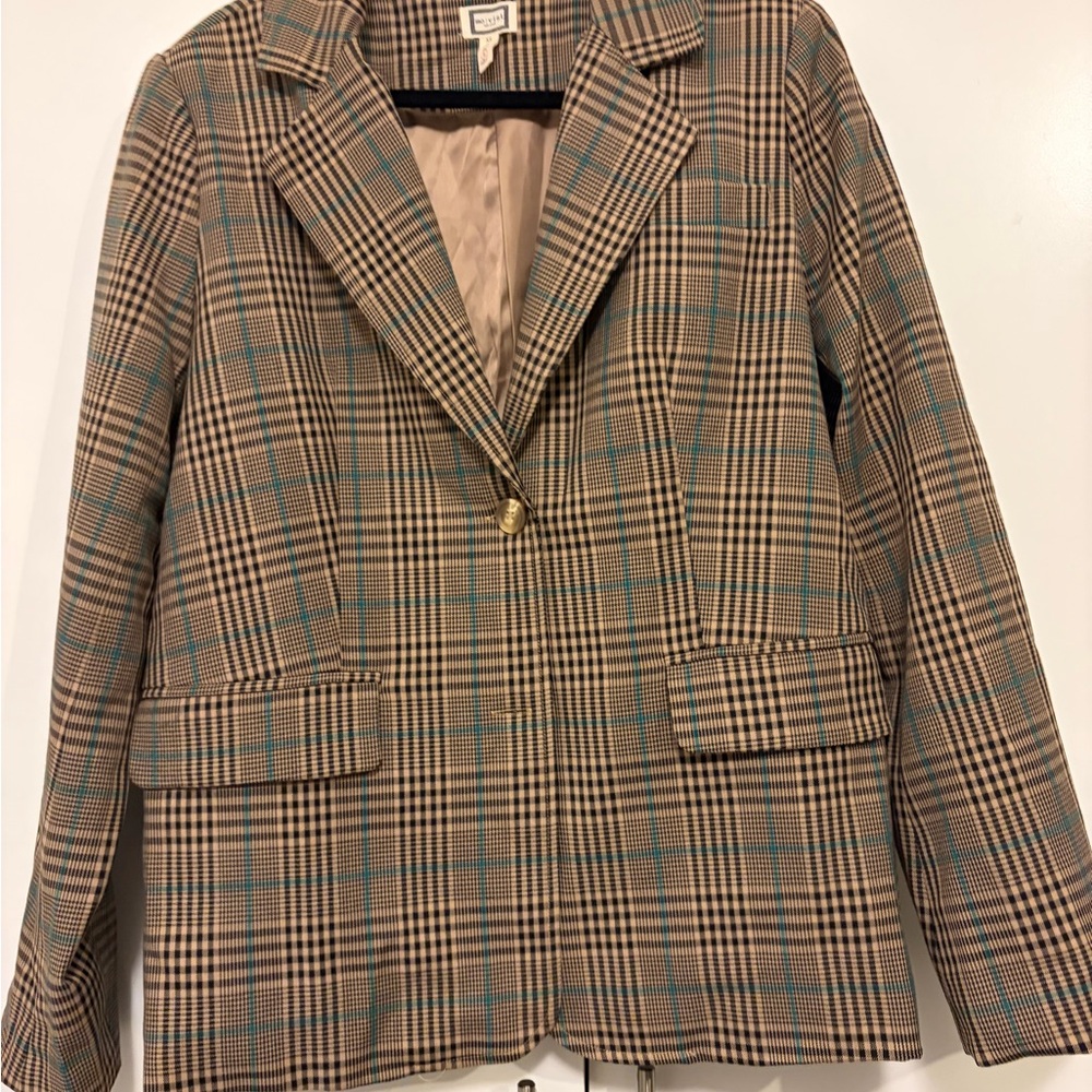 Plaid Blazer Jacket - Camel/Tan/Green
